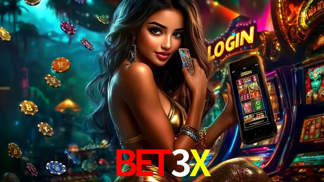 Mulher em um cenário de cassino temático de aventura, mostrando o app de caça-níqueis da BET3X no celular. Fichas de apostas flutuam ao redor.