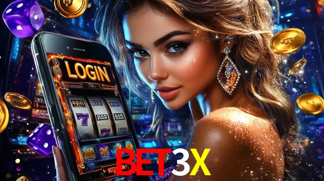 Mulher glamorosa segurando um smartphone com a tela de login para os jogos de caça-níqueis do cassino online BET3X, com moedas de ouro e dados ao redor.